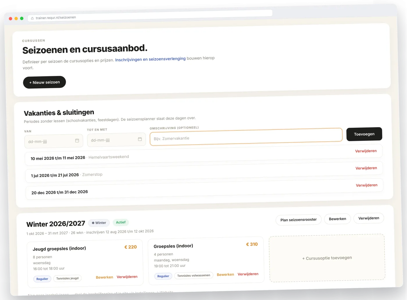 Seizoenen en cursusaanbod plannen in REQUR